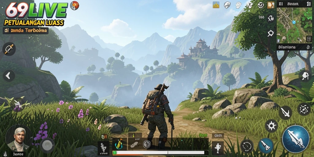 Screenshot gameplay 69LIVE menampilkan karakter menjelajahi dunia terbuka yang indah.