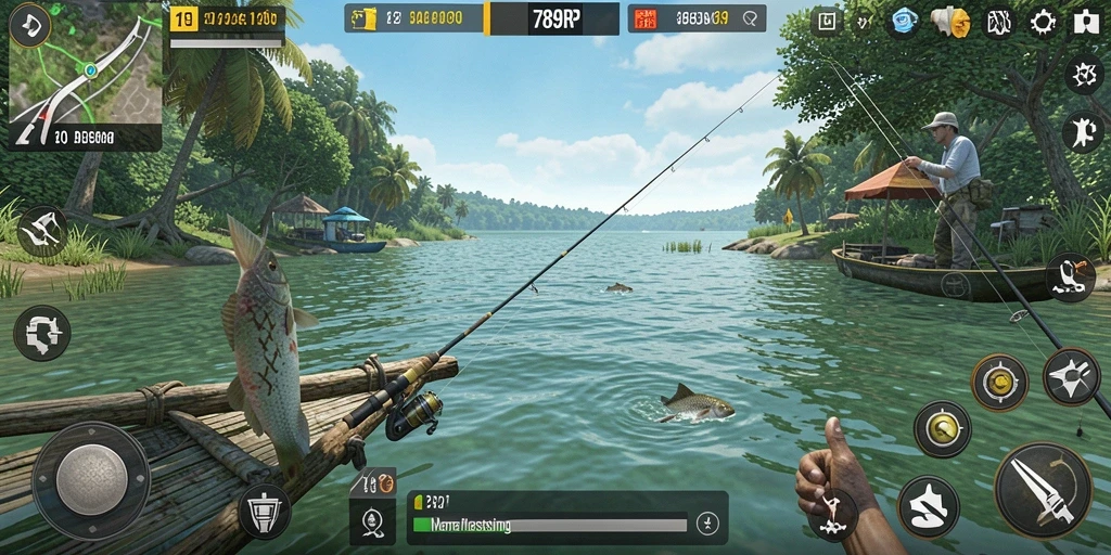 Tampilan gameplay <strong>789RP</strong> saat menangkap ikan di danau yang tenang.