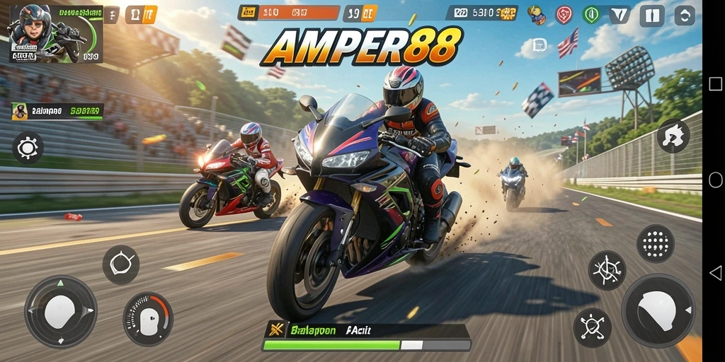 Tampilan gameplay seru dalam AMPER88 saat balap motor di trek menantang.