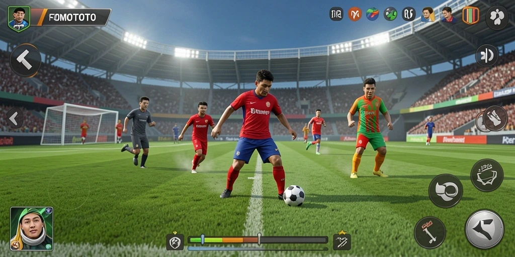 Screenshot FOMOTOTO menampilkan aksi gameplay sepak bola yang mendebarkan.