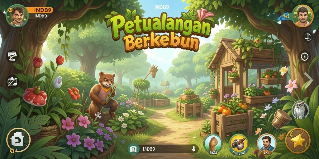 Tangkapan layar gameplay dari IND89 menunjukkan kebun yang indah dan aktif.