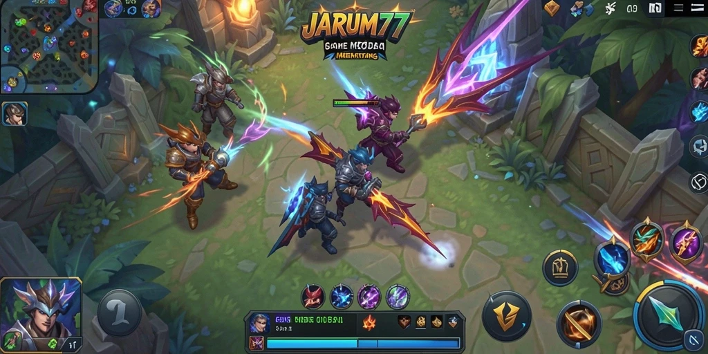 Screenshot JARUM77 yang menampilkan pertempuran tim yang dramatis.