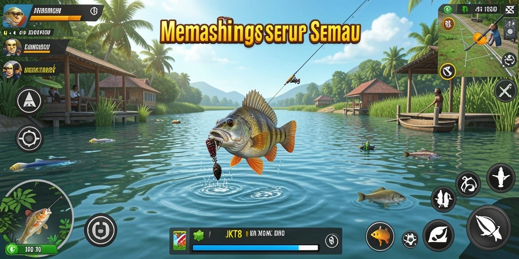 Tampilan gameplay seru JKT8 dengan pemandangan indah dan ikan yang beragam.