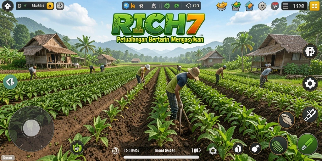 Gameplay RICH7 yang menampilkan aktivitas bertani yang seru dan interaktif.